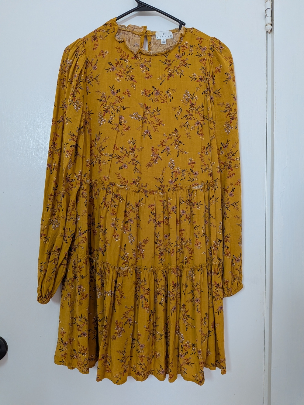 Mustard Floral Long-Sleeve Tiered Dress